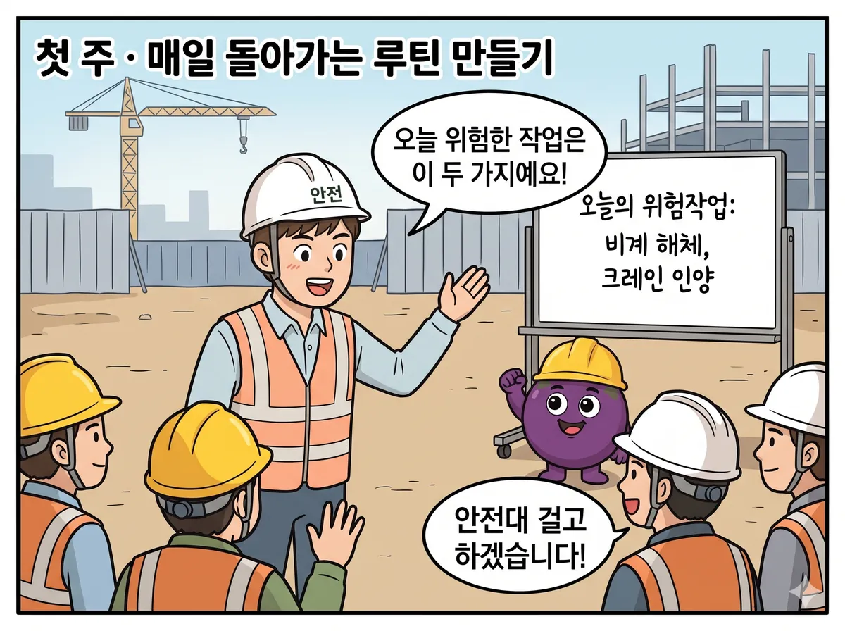 이른 아침 체조를 마친 작업자들이 둥글게 모여 TBM을 한다. 신입이 화이트보드에 오늘의 위험작업(비계 해체, 크레인 인양)을 적고 가리킨다.
