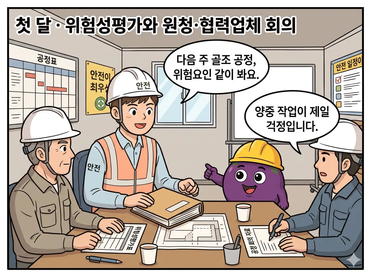 현장사무실 회의 테이블. 원청 소장, 협력업체 소장 두세 명, 신입 안전관리자가 위험성평가표를 넘기며 회의한다. 벽에는 공정표가 붙어 있다.