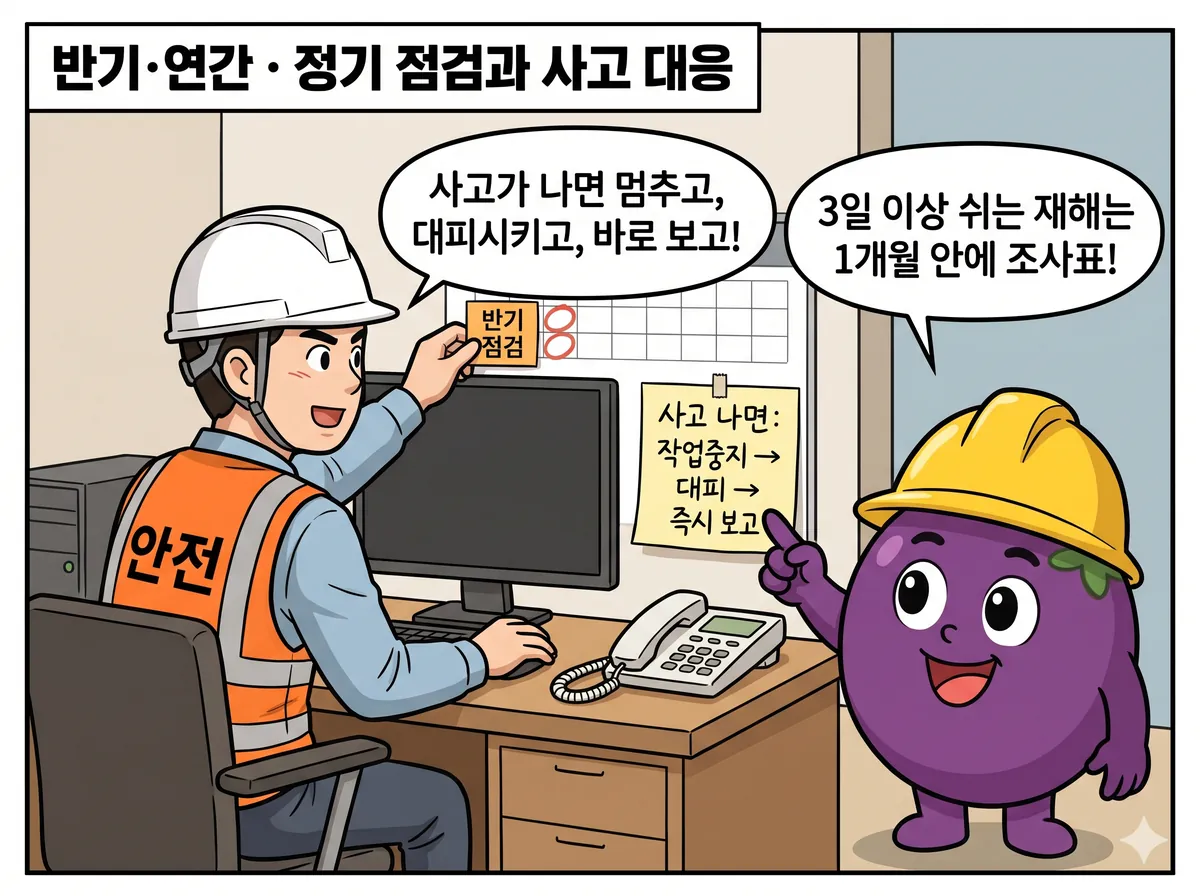 신입이 책상 달력에 '반기 점검' 스티커를 붙이고 있다. 모니터 옆에는 '사고 나면: 작업중지 → 대피 → 즉시 보고' 메모가 붙어 있고, 전화기가 놓여 있다.