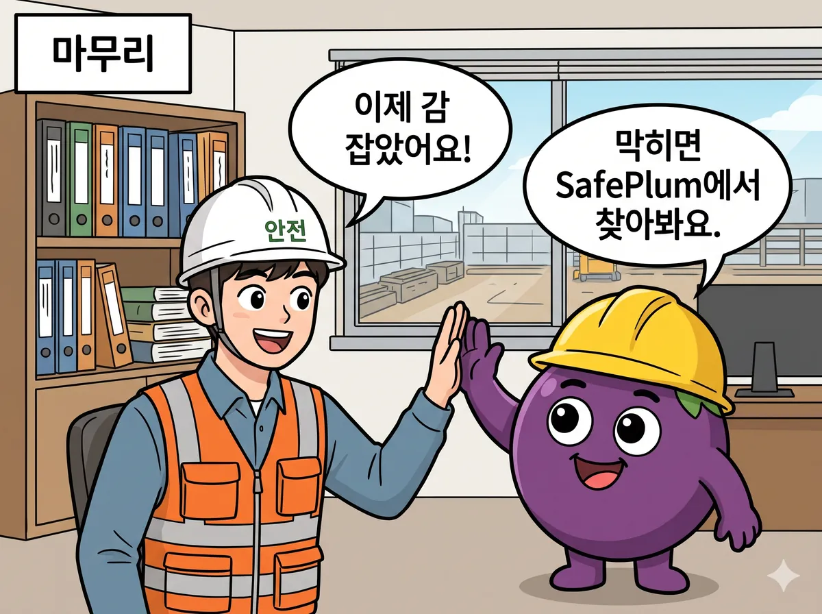 한 달 뒤. 정리된 서류철이 꽂힌 책장과 깔끔하게 정돈된 현장을 배경으로 신입과 플럼이 하이파이브한다.