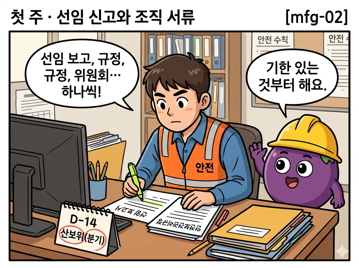 사무실 책상. 신입이 '선임 보고서'와 '안전보건관리규정' 파일을 펼쳐 놓고 형광펜을 긋는다. 모니터 옆 달력에 'D-14'와 '산보위(분기)'가 적혀 있다.