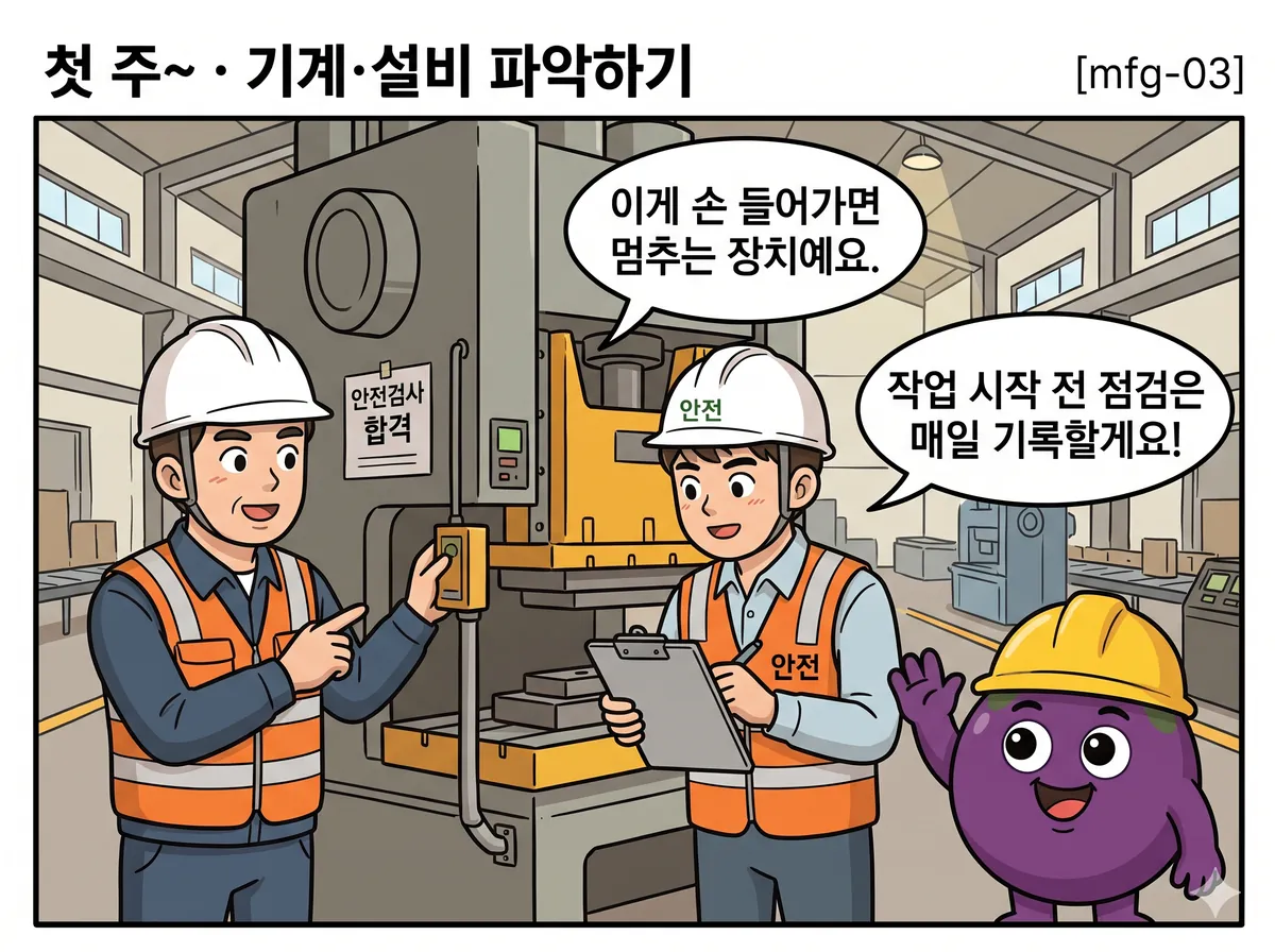 프레스 기계 앞. 신입이 체크리스트를 들고 광전자식 방호장치를 확인하고, 생산 반장이 옆에서 손으로 가리키며 설명한다. 기계에는 '안전검사 합격' 스티커가 붙어 있다.
