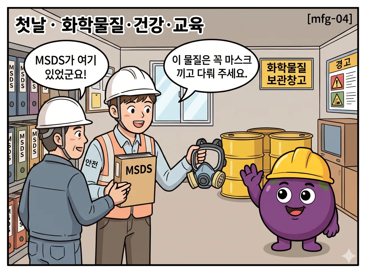 화학물질 보관창고 앞. 신입이 MSDS 파일철을 비치하고 경고표지를 붙인다. 작업자에게 방독마스크 착용법을 보여 준다.