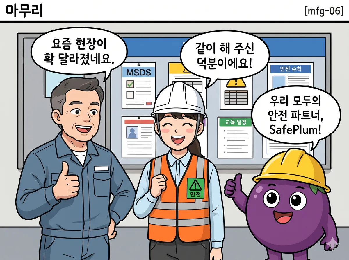한 달 뒤. 공장 게시판에 MSDS·안전수칙·교육일정이 깔끔하게 붙어 있고, 신입과 생산 반장, 플럼이 함께 엄지를 든다.